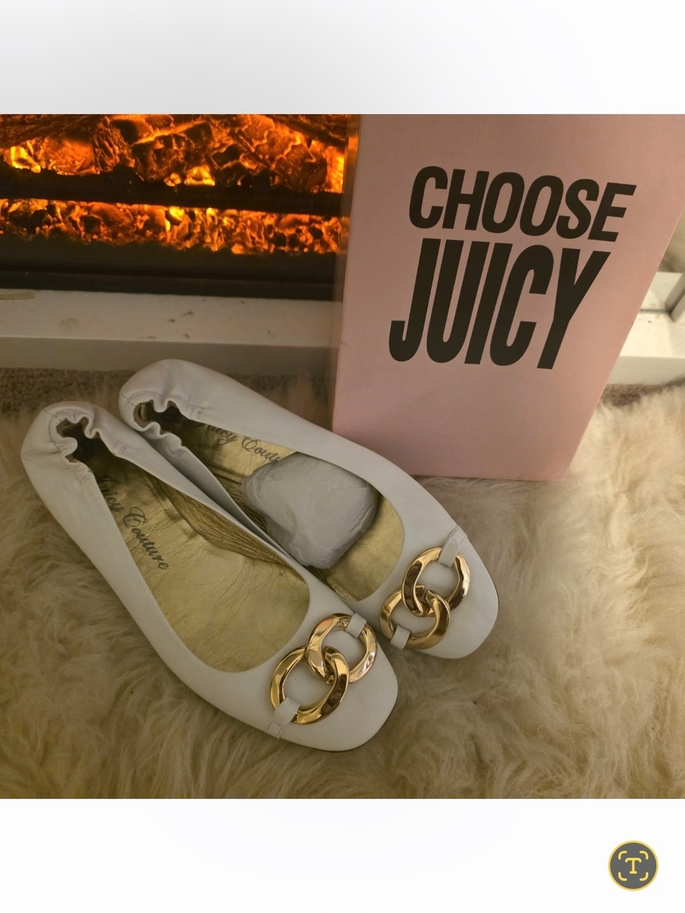 Juicy Couture White Ballet Flats with Gold Chain Accent